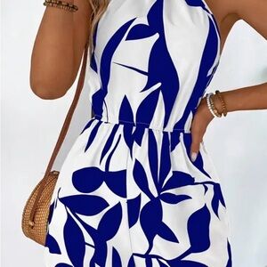 Blue and White Leaf Print Halter Jumpsuit